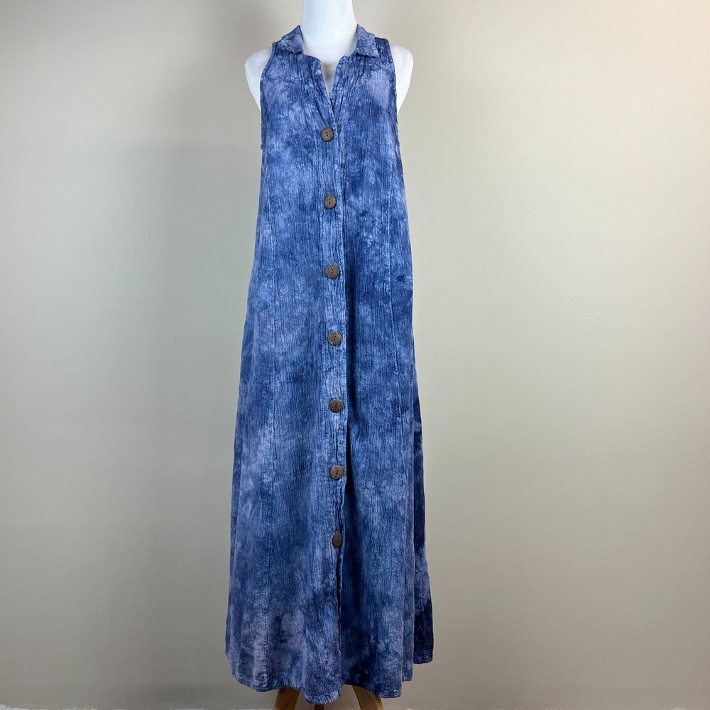 Dunes Maxi Dress Womens Medium Blue Tie Dye Button Up Gauze Beach Relaxed Boho